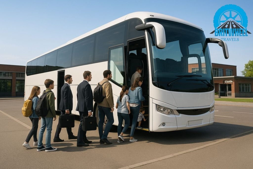 Photorealistic image of passengers boarding a standard coach in the UK for group travel.