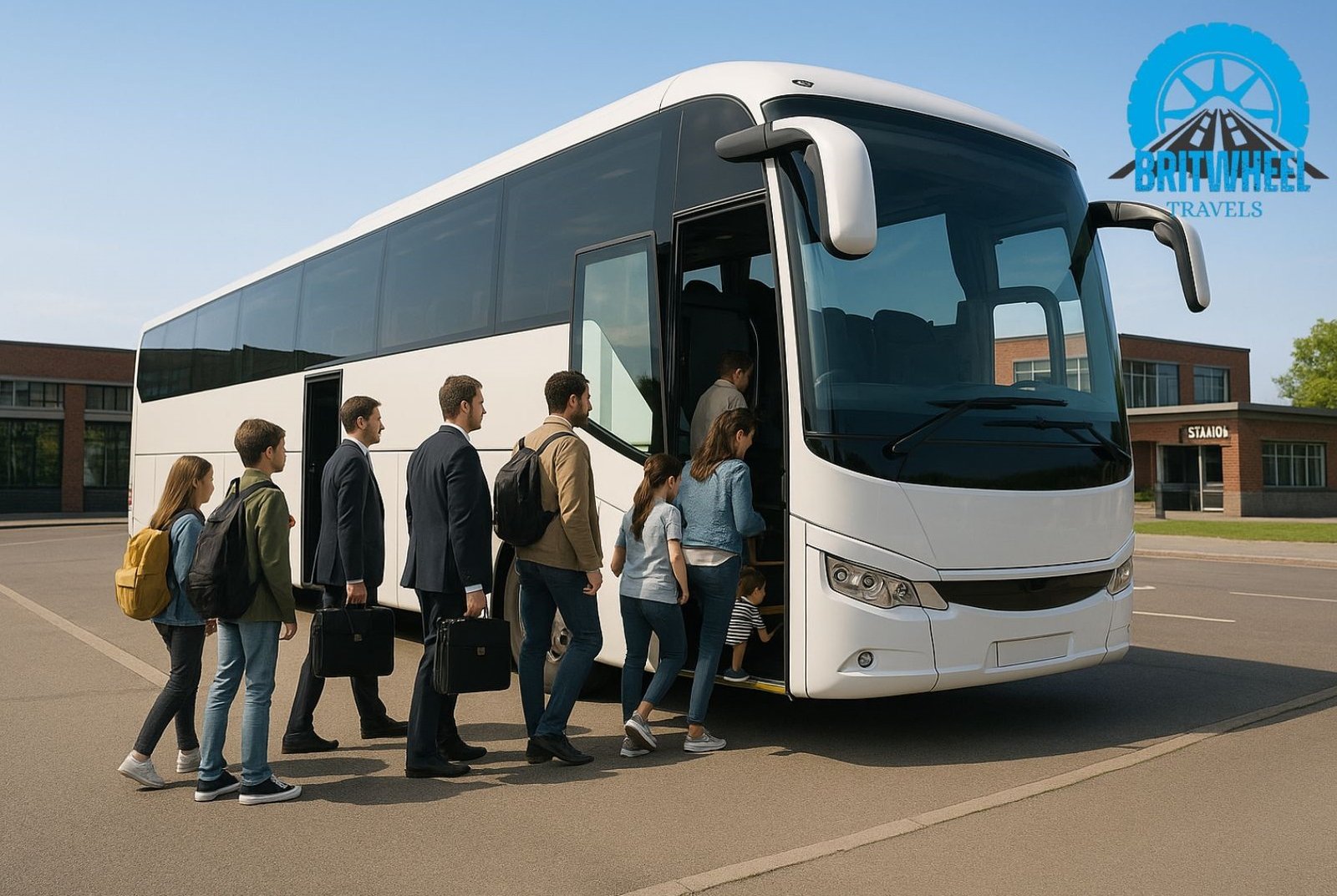 Photorealistic image of passengers boarding a standard coach in the UK for group travel.