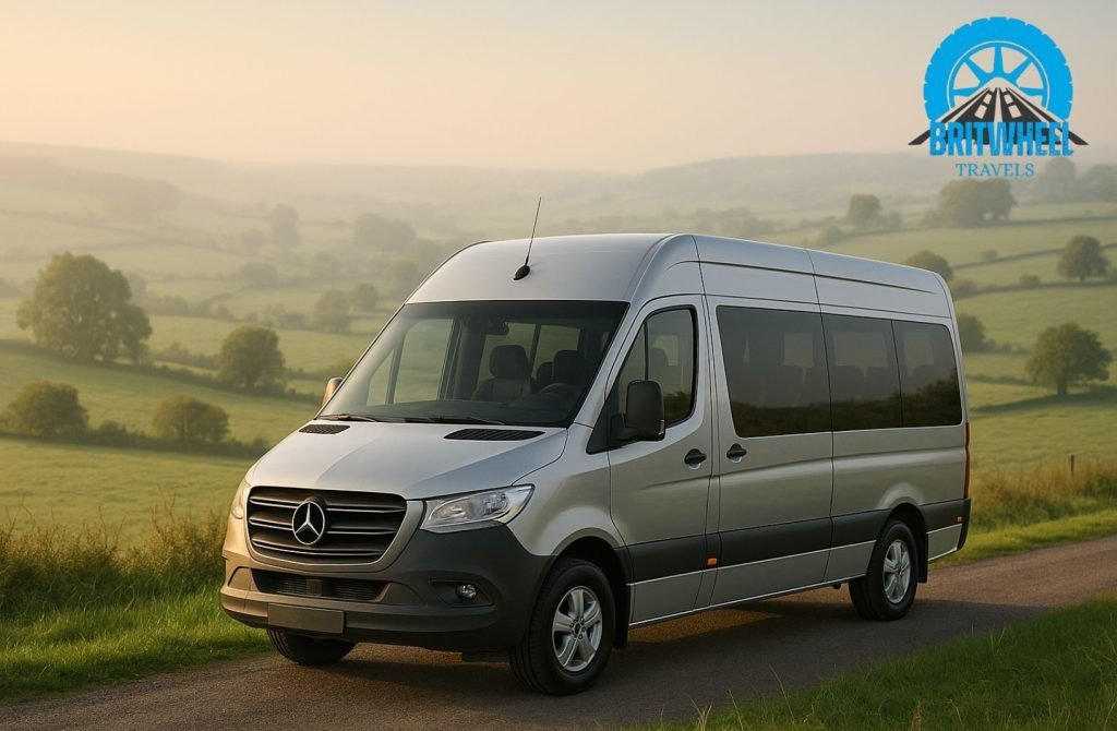 Modern minibus parked in scenic UK countryside, ready for comfortable and safe group day travel