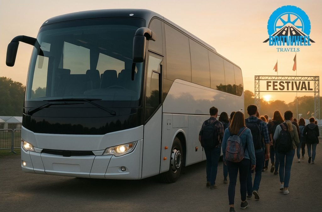 A modern coach parked at a UK festival entrance, ready to board group travellers.