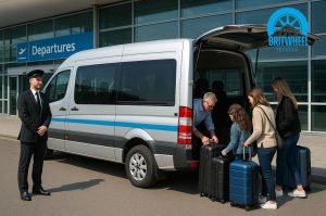 Passengers loading luggage into a 7–12 seat UK minibus outside an airport, ready for transfer