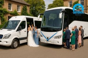 UK wedding transport showing both a minibus and large coach boarding guests in coordinated fashion