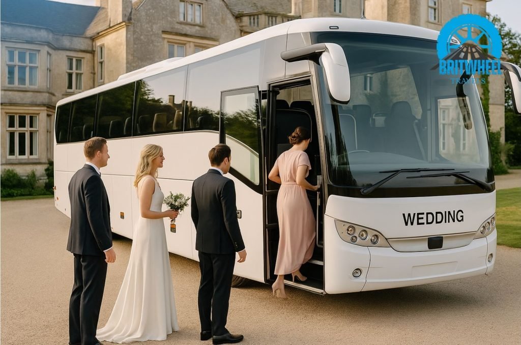 Wedding guests boarding a coach outside a UK venue, elegant and professional transport service